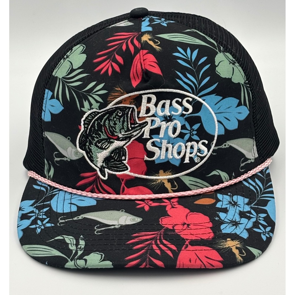Bass Pro Shops Mens OSFM Mesh Trucker Hat Black Floral Fishing Lures Rope
